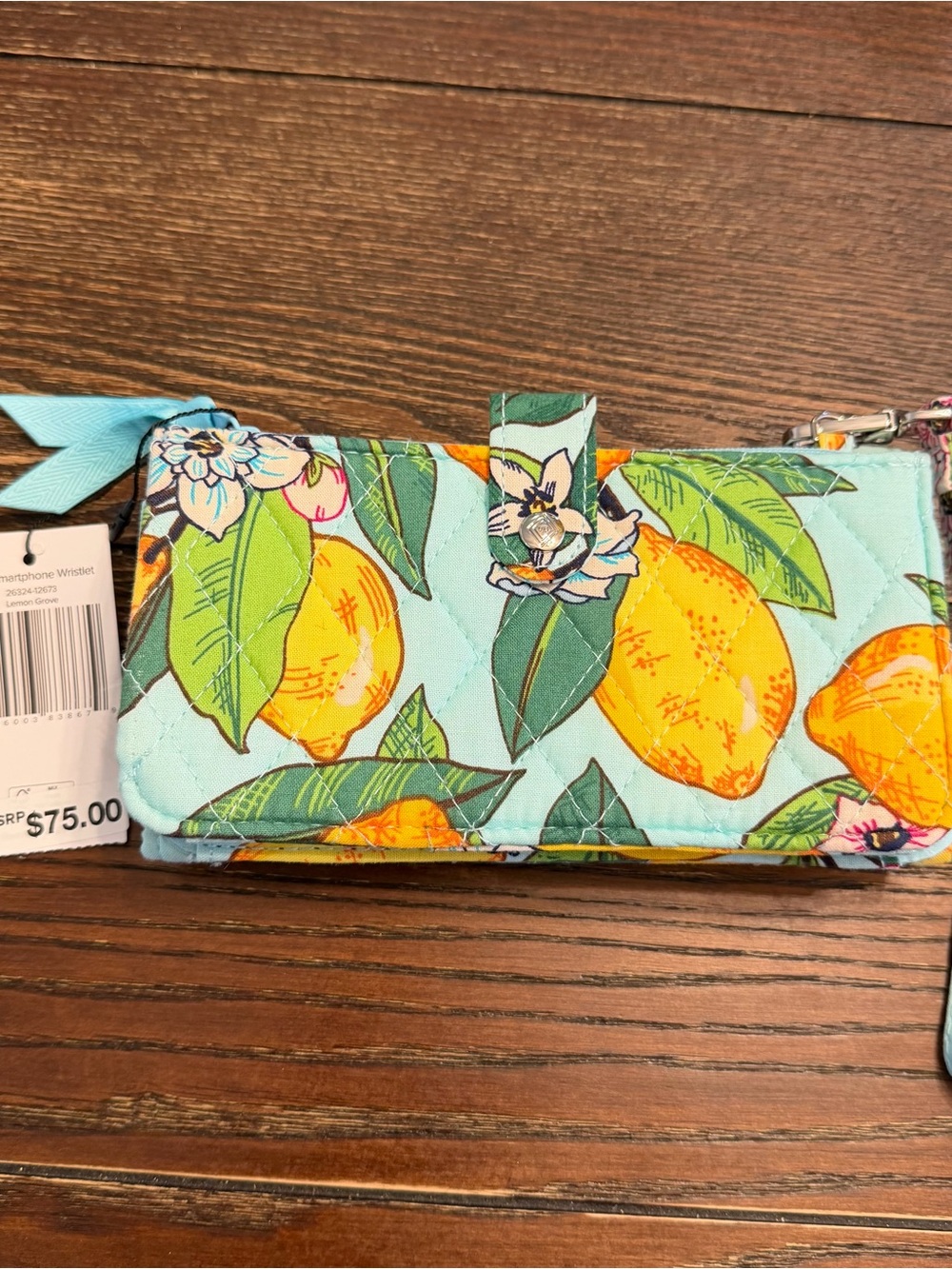 Vera Bradley Aqua Floral Lemon Quilted RFID Wristlet - Picture 3 of 8